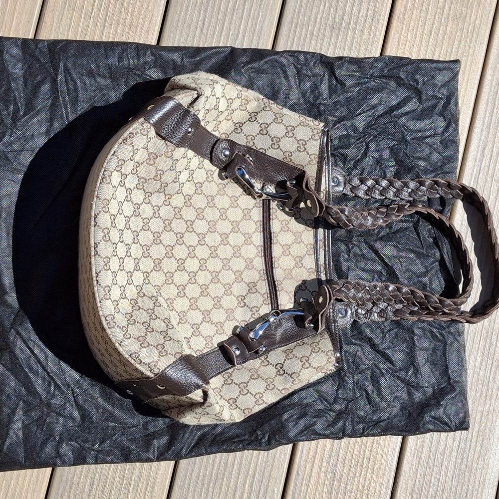 Cream and Brown Shoulder Bag with Monogram Canvas